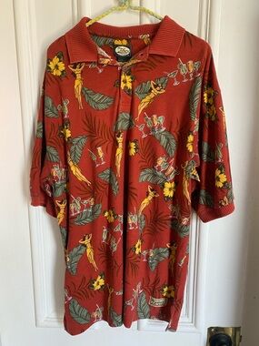 Vintage Tommy Bahama 100% Cotton Men's Red Tropical Print Polo Shirt